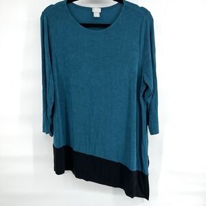 Chico's Travelers Size 3 Women's 16/18 Teal Blue Black Asymmetric Tunic Top